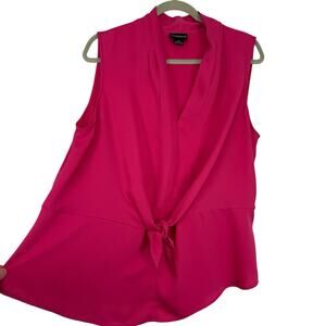 Liz Claiborne Career Chiffon Sleeveless Top Size XL Pink V Neck Tie Waist Pullov